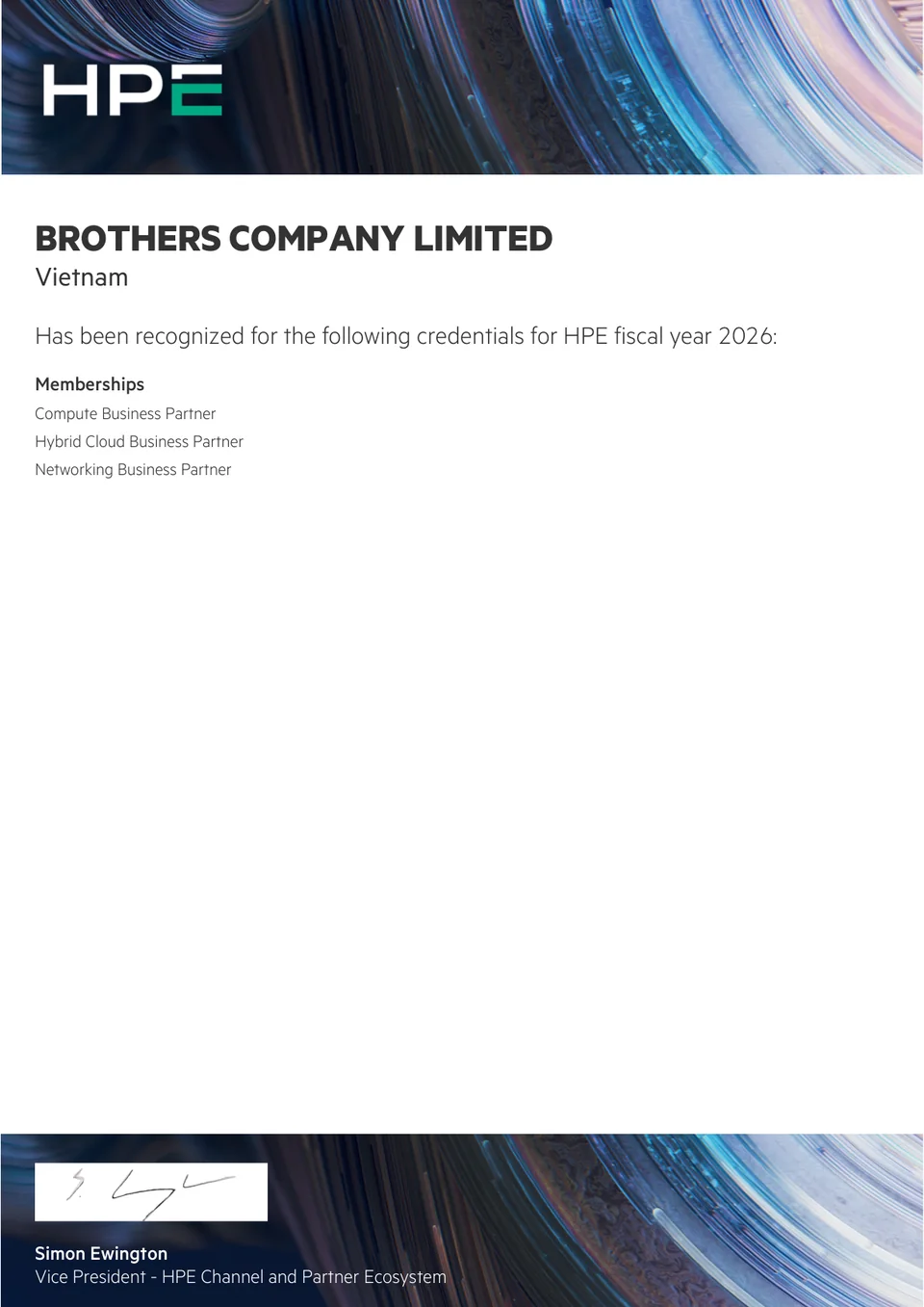 Chứng nhận HPE Business Partner năm tài chính 2026 của Brothers Company Limited